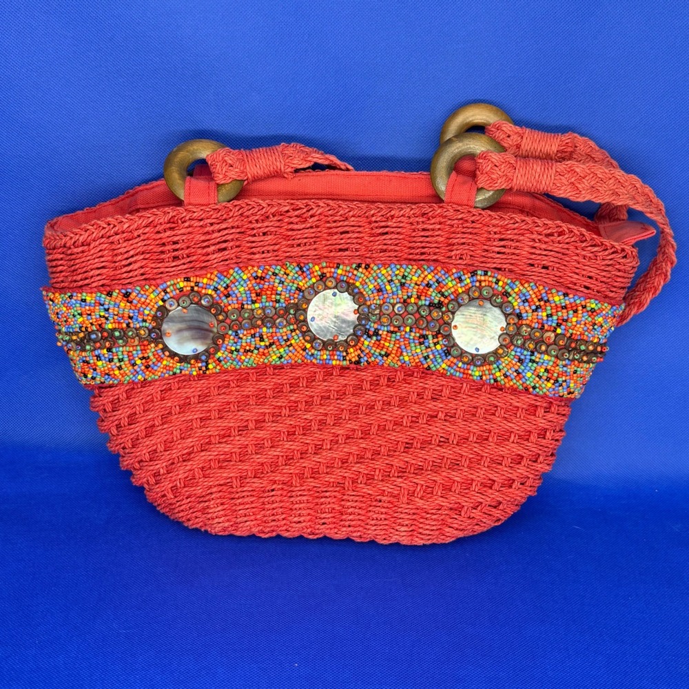 Red Woven Straw Beaded Shell Tote Bag Boho Summer Shoulder Festival Artisan Toyo